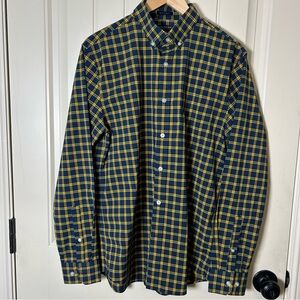 Banana Republic Men Navy and Yellow Plaid Button-Down Shirt, Preppy Look, Size M